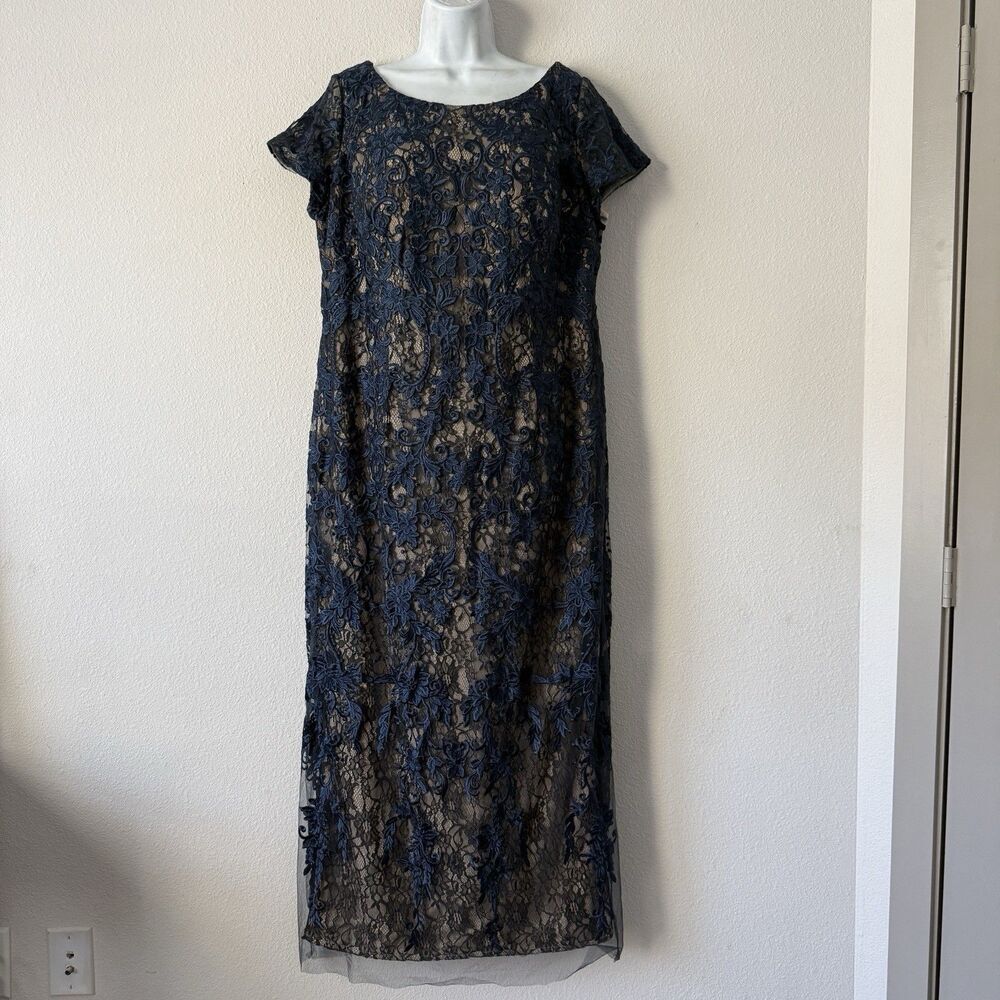 Azazie Alyssum Midi Sheath Cocktail Dress 18 Dark Navy Floral Lace Cap Sleeve